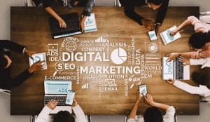 Digital Marketing Technology Solution for Online Business Concept - Graphic interface showing analytic diagram of online market promotion strategy on digital advertising platform via social media. uds