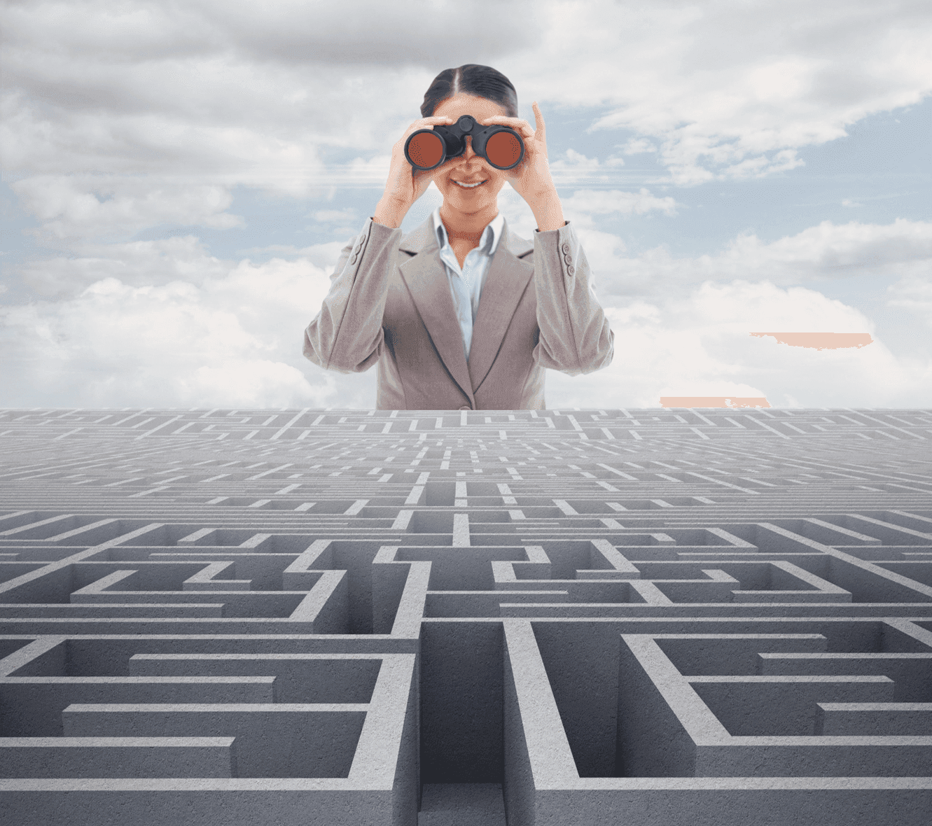 Business professional looking through binoculars while standing above a maze, against a bright cloudy sky background